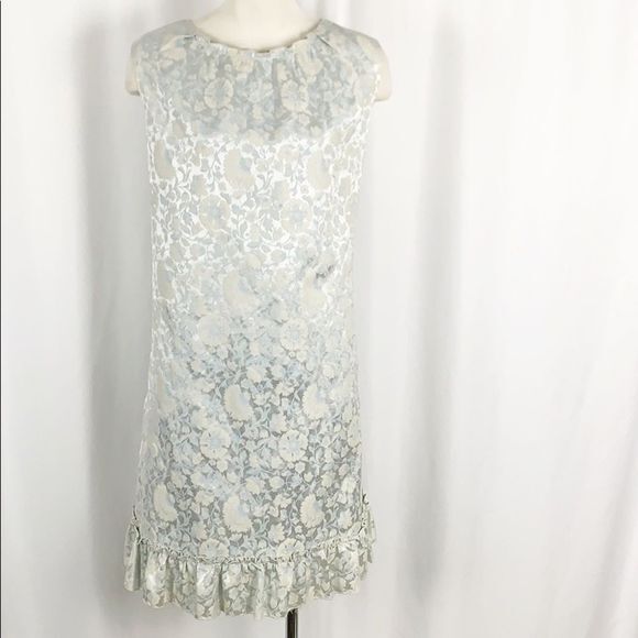 ELIE TAHARI Silver Blue Jacquard Ruffled Hem Dress